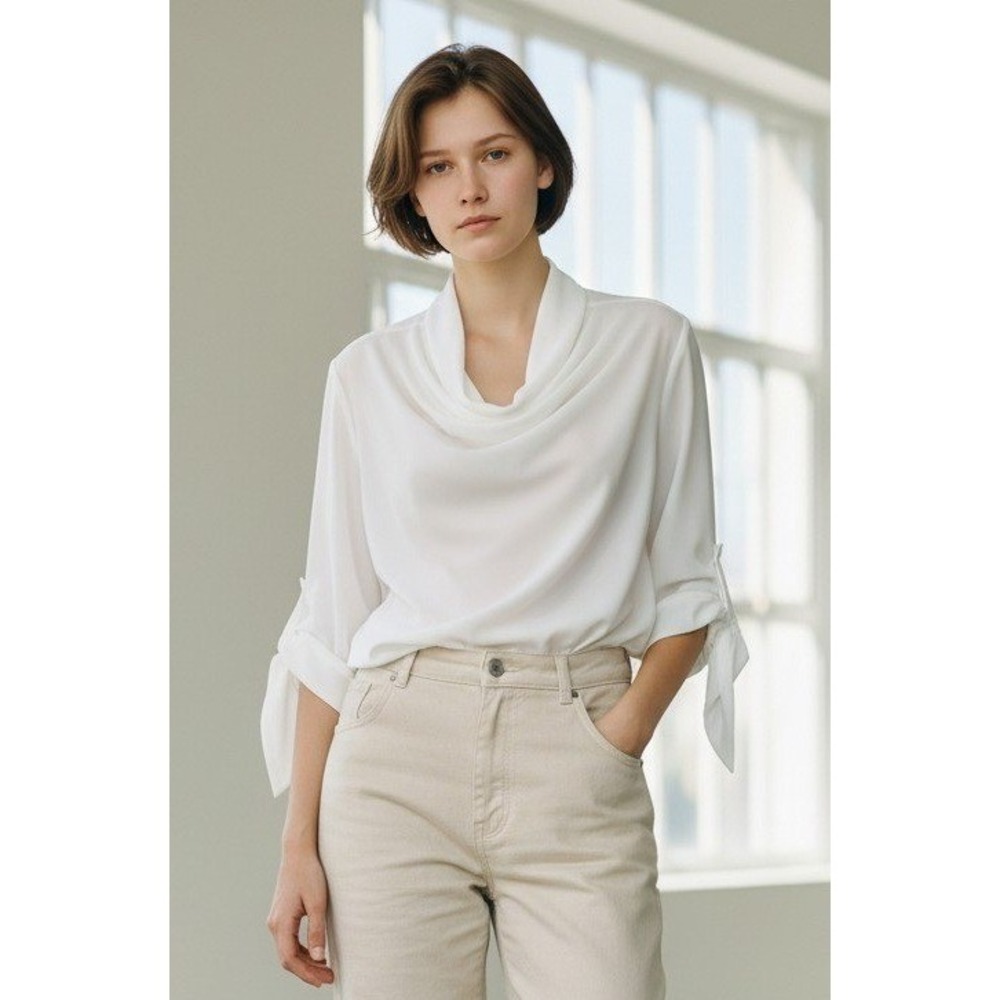 Ann Taylor White Drape Neck Roll Tab Sleeve Blouse Top Size 0 Business Casual